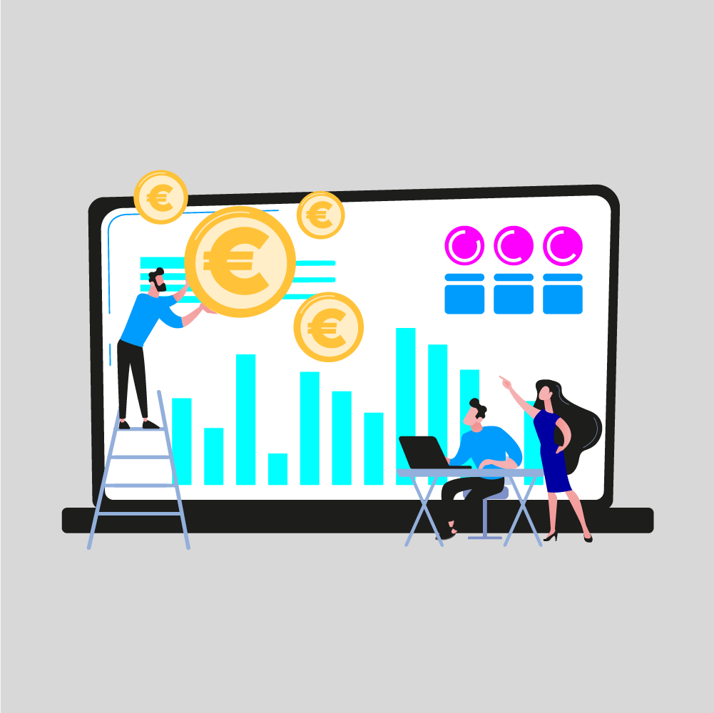 Illustratie door Saldesign: Een man op een ladder die muntsymbolen op een groot scherm met staafdiagrammen plaatst, een zittende man die op een laptop werkt en een vrouw die naar het scherm wijst. Perfecte mix van grafische vormgeving en social media inzichten.