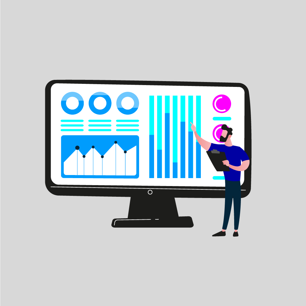 Een persoon die een klembord vasthoudt, wijst naar een grote monitor waarop grafieken, diagrammen en datavisualisaties worden weergegeven voor Saldesign's sociale media-analyses.