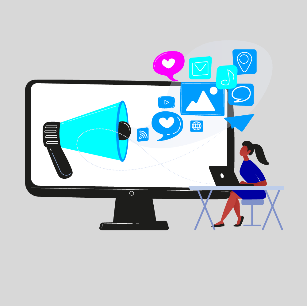 Een persoon die aan een bureau zit, gebruikt een laptop terwijl een monitor met een megafoon verschillende digitale iconen projecteert, waaronder sociale media en communicatiesymbolen, die de bekwaamheid van Saldesign in grafische vormgeving laten zien.