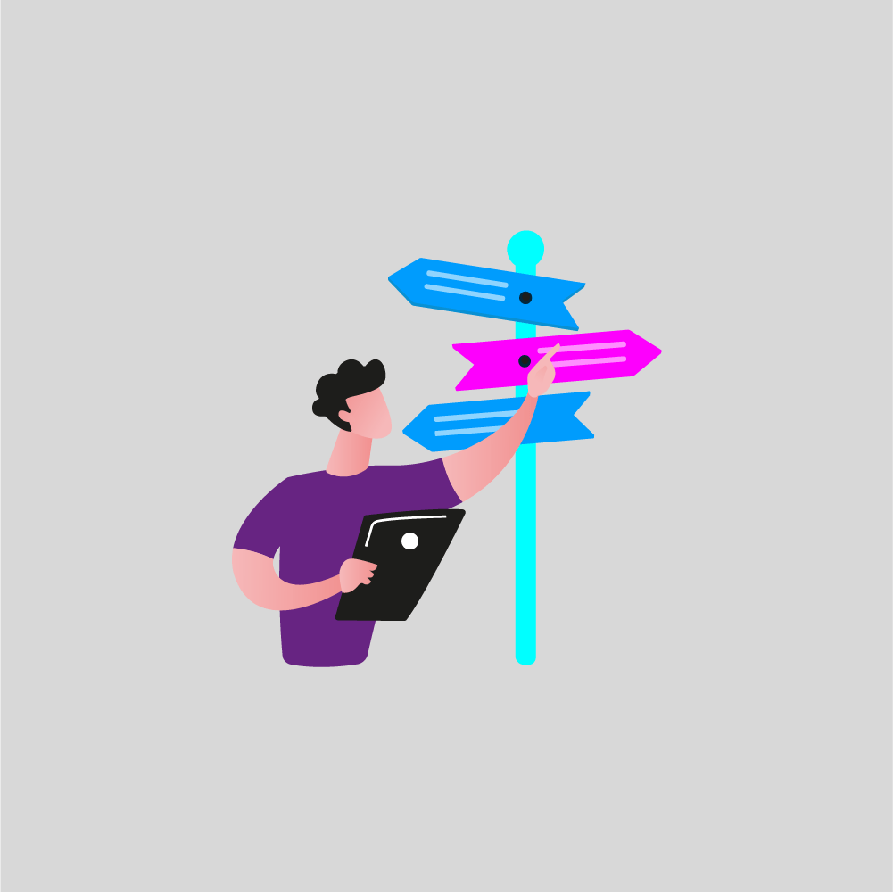Een persoon die een tablet vasthoudt, wijst naar een veelkleurige wegwijzer met verschillende pijlen op een grijze achtergrond, die de essentie van het ontwerp van sociale media laat zien.
