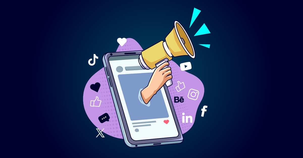 Illustratie van een hand met een megafoon die tevoorschijn komt uit een smartphonescherm, omgeven door social media-iconen op een paarse achtergrond, die de kracht van online adverteren en gerichte targeting symboliseert.
