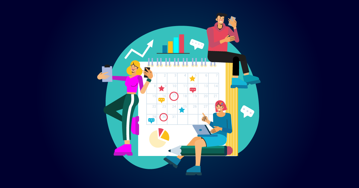 Illustratie van mensen die een grote kalender met grafieken en symbolen gebruiken om hun contentkalender voor sociale media te plannen.