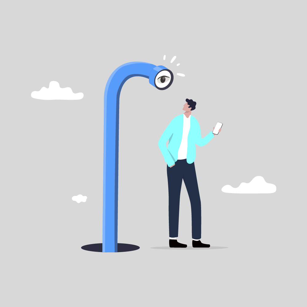 Illustratie van een persoon die naar zijn telefoon kijkt terwijl een grote, oogvormige camera op een flexibele paal hem observeert, wat het surveillanceaspect van sociale media benadrukt. Gemaakt door Saldesign - grafische vormgeving.