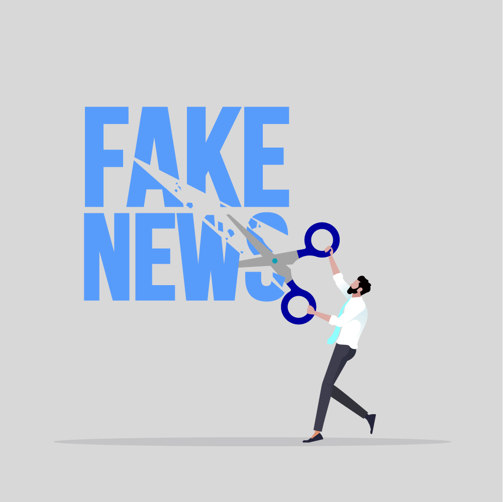 Een persoon gebruikt een grote schaar om de woorden 'nepnieuws' tegen een grijze achtergrond door te knippen, wat de inzet van Saldesign aantoont om desinformatie te bestrijden door middel van innovatieve grafische vormgeving. Perfect voor impactvolle berichten op sociale media.