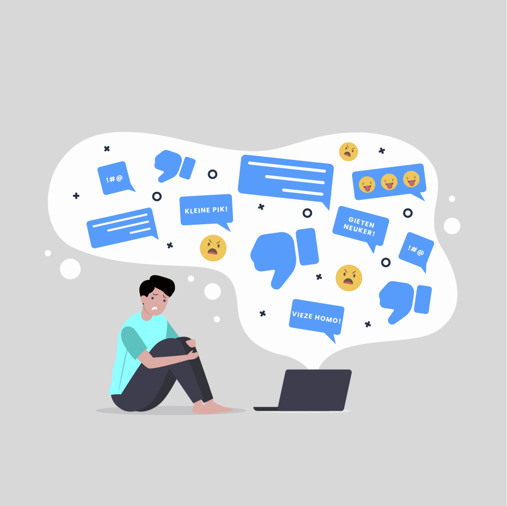 Illustratie door Saldesign: Een persoon die treurig naast een laptop zit, met tekstballonnen met negatieve opmerkingen en boze emoji's die uit het scherm komen, wat de donkere kant van sociale media benadrukt.