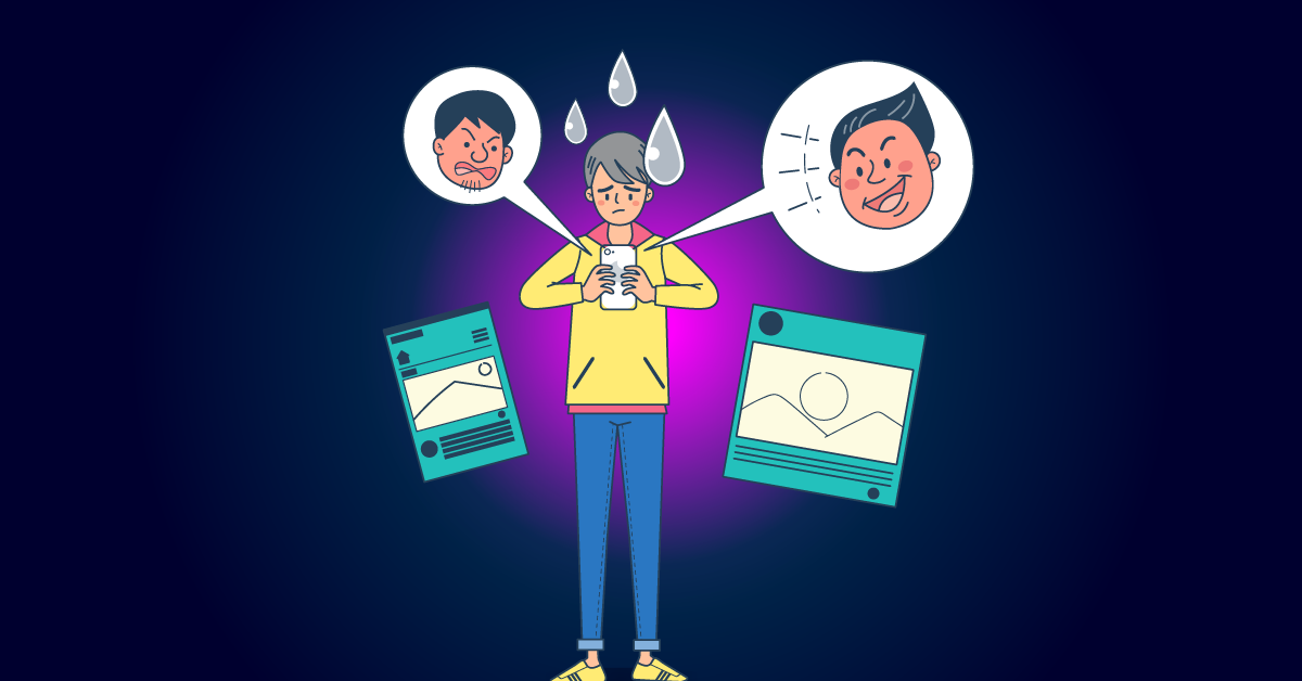 Een illustratie toont een Gen Z-persoon op zijn telefoon, zwetend van bezorgdheid. Gedachtenballonnen laten een fronsend en glimlachend gezicht zien, wat de online gevaren weerspiegelt waarmee ze worden geconfronteerd. In de buurt zweven twee berichten op sociale media, die de essentie van jongeren op sociale media van vandaag vastleggen.