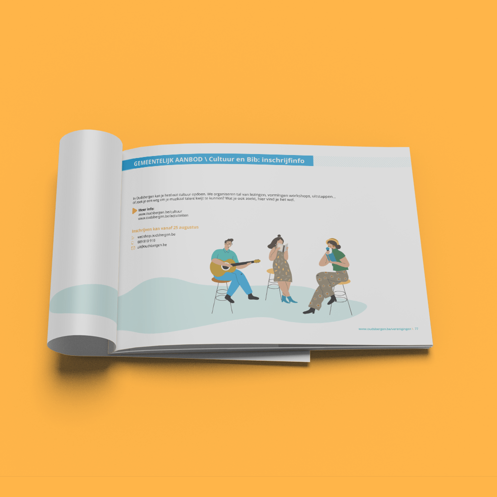 Een opengeslagen tijdschrift op een gele ondergrond toont een illustratie van drie mensen die muziekinstrumenten bespelen en zingen, met tekst in het Nederlands bovenaan, waarin Saldesign's grafische vormgeving voor sociale media wordt getoond.