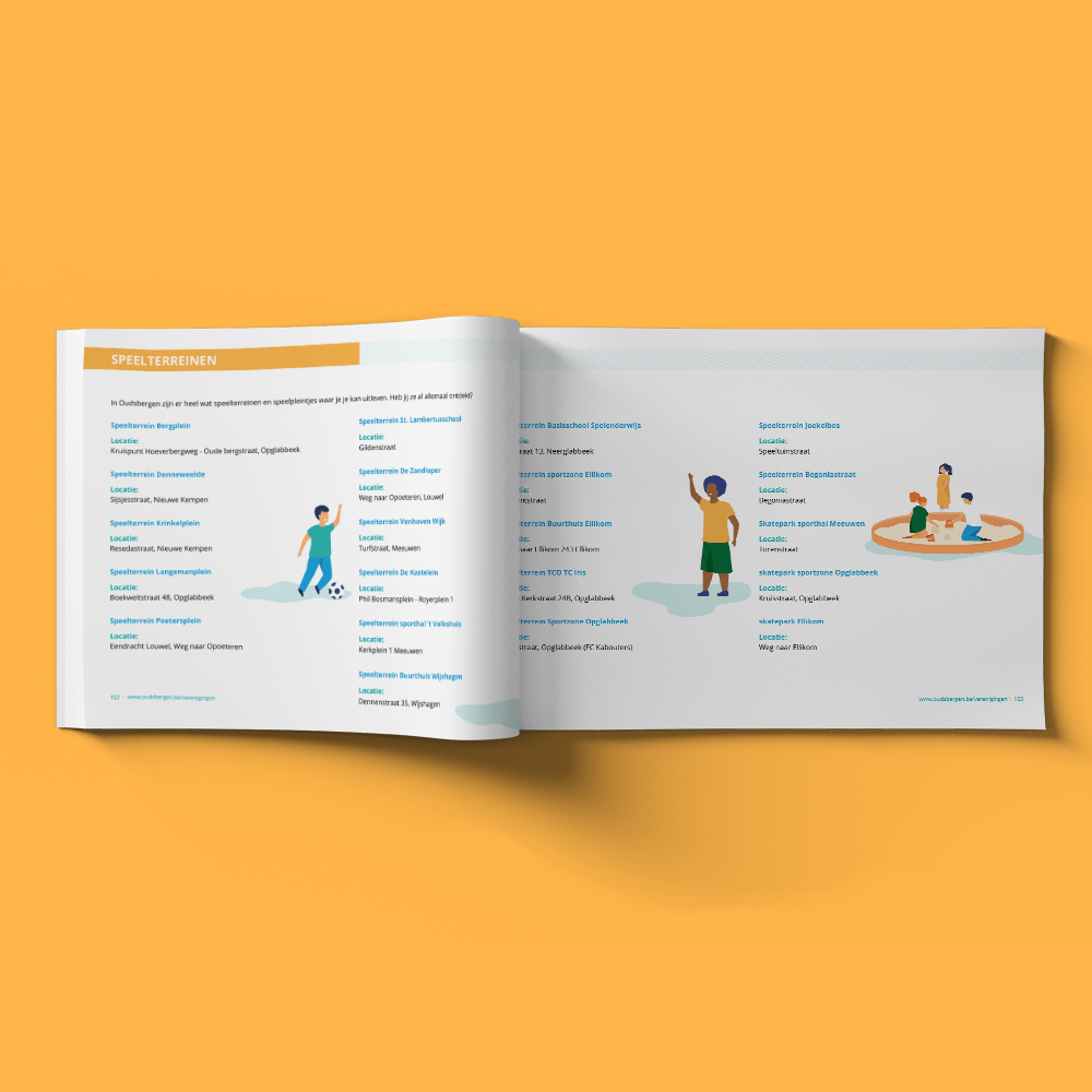 Een open boek op een gele achtergrond toont een dubbele pagina met illustraties van spelende kinderen en een lijst met activiteiten ontworpen door Saldesign.