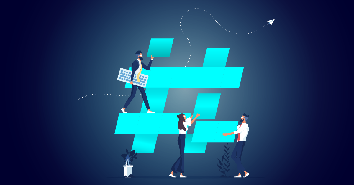 Mensen interacteren met een groot hashtagsymbool, waarvan er één een laptop vasthoudt, en vergroten zo hun vindbaarheid op sociale media, terwijl er een papieren vliegtuigje overvliegt.