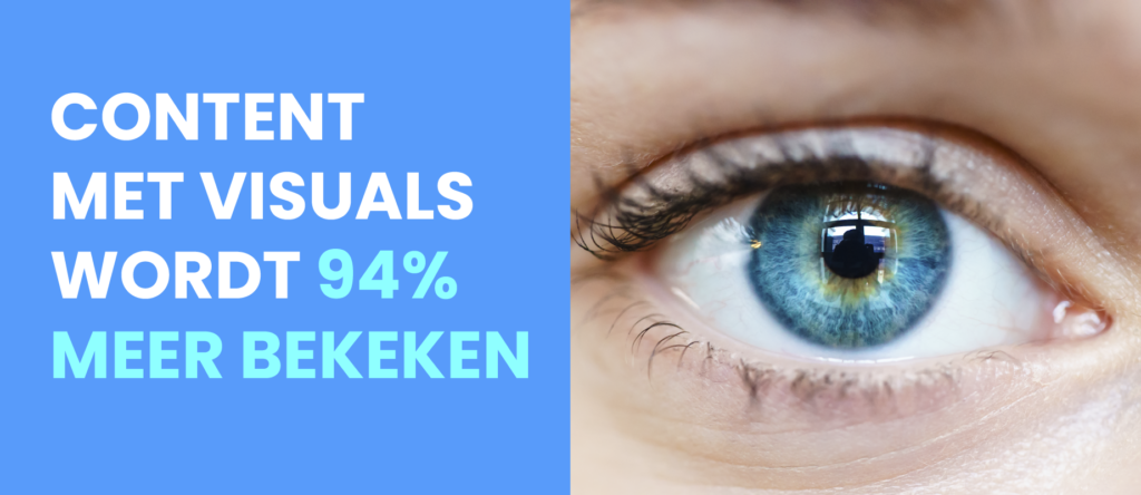 Close-up van een blauw oog aan de rechterkant, met aan de linkerkant de tekst "Content met visuals wordt 94% meer bekeken" op een blauwe achtergrond. Ontworpen door Saldesign, specialist in grafische vormgeving voor social media.
