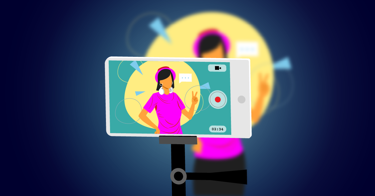 Een persoon met een hoofdtelefoon neemt een Instagram Reels-video op met een smartphone op een statief en legt elk moment vast terwijl op het telefoonscherm een timer van 02:34 wordt weergegeven.
