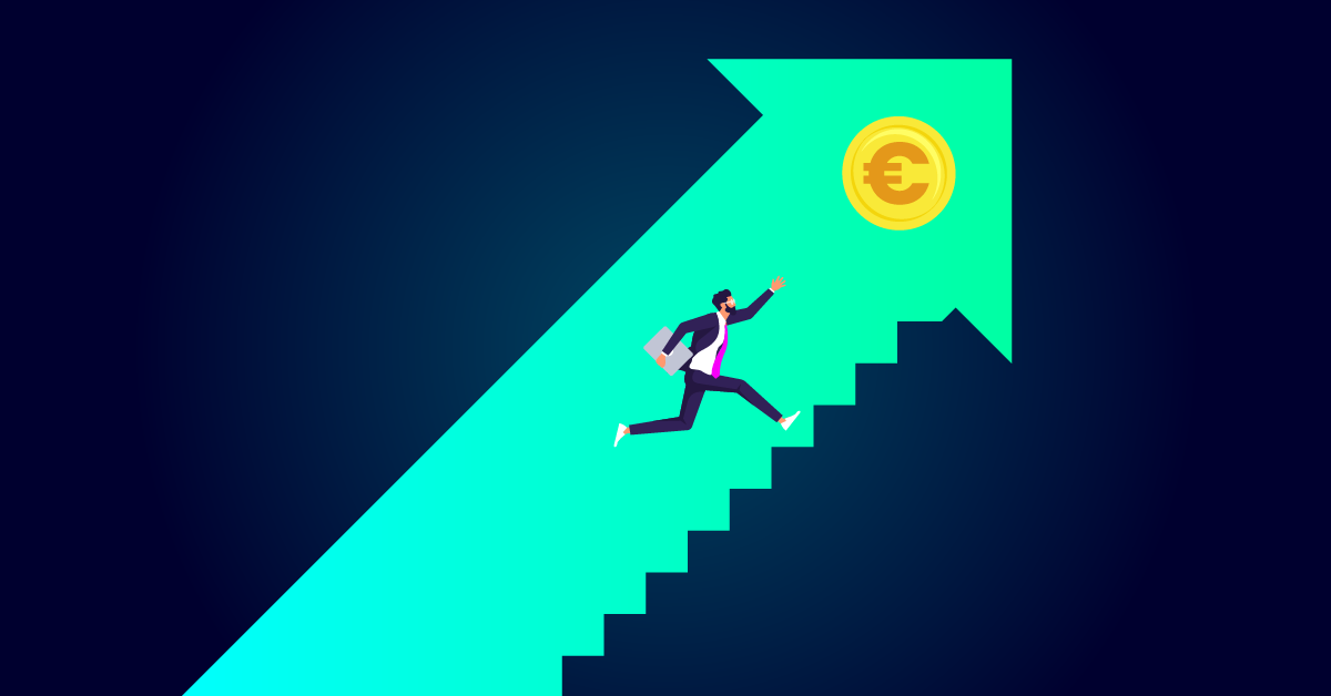 Illustratie van een persoon die op een pijl omhoog de trap opklimt in de richting van een euromunt. Dit symboliseert financiële groei door middel van grafische vormgeving en het genereren van meer omzet.