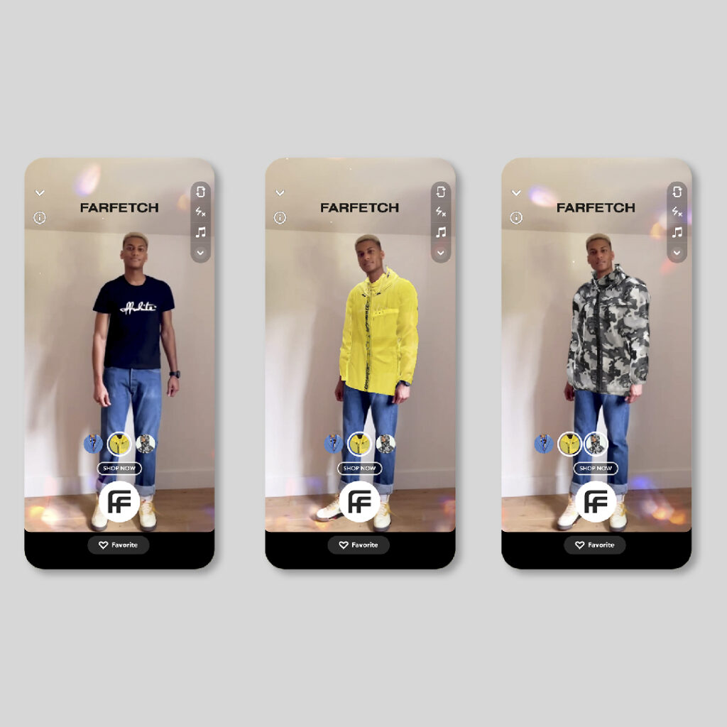 Drie afbeeldingen naast elkaar tonen een persoon die verschillende outfits modelleert met behulp van de FARFETCH virtuele dressing-app op een mobiel apparaat. De outfits omvatten een zwart t-shirt, een geel jasje en een camouflage-hoodie, die de naadloze integratie van Saldesign's grafische vormgeving voor een verbeterde sociale-media-ervaring laten zien.