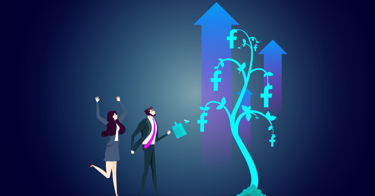 Een man geeft een boom water met Facebook-iconen, wat symbool staat voor de kracht van sociale media. Terwijl pijlen omhoog wijzen, springt een vrouw vrolijk op, vierend meer bereik en groei.