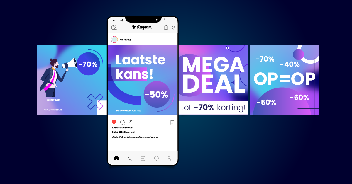 Een Instagram-post toont een reeks levendige paarsgetinte kortingsadvertenties met zinnen als "Laatste kans!" en "MEGA DEAL", perfect voor social commerce. Doe mee aan de e-commerce-gekte en pak kortingen tot wel 70%.