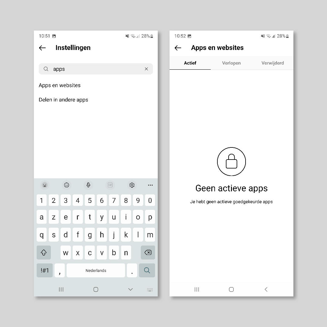 Twee smartphoneschermen tonen instellingen in het Nederlands. Het linkerscherm toont een zoekopdracht naar "Apps" met een lijst met resultaten, en het rechterscherm toont "Apps en websites" met de melding dat er geen actieve apps zijn. De strakke interface weerspiegelt Saldesign's toewijding aan effectieve grafische vormgeving op sociale mediaplatforms.