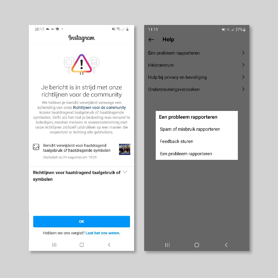 Twee smartphoneschermen: linkerscherm toont een Instagram-melding in het Nederlands over een bericht dat de communityrichtlijnen schendt met een blauwe OK-knop; rechterscherm toont een "Help"-menu met rapportopties. Deze setting, gecreëerd door Saldesign, benadrukt het belang van grafische vormgeving op sociale mediaplatforms.