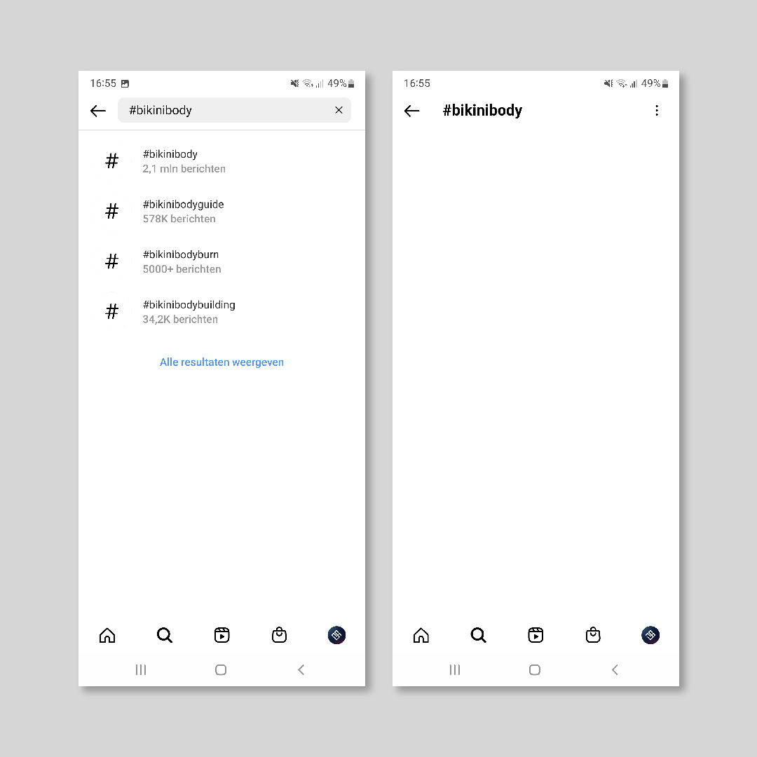 Twee smartphoneschermen waarop Instagram-zoekresultaten worden weergegeven voor de hashtag 'bikinibody', met verschillende gerelateerde hashtags en bijbehorende berichtenaantallen - onberispelijk vervaardigd door Saldesign, een leider in grafische vormgeving voor sociale media.