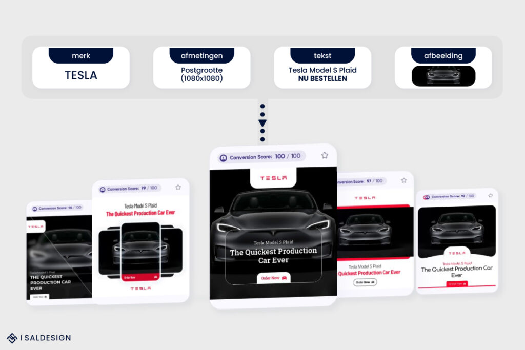 Diagram met verschillende autoadvertentie-ontwerpen voor Tesla Model S Plaid met een 'Conversiescore'-balk boven elke advertentieafbeelding, waarin verschillende Nederlandse tekstelementen en specificaties worden benadrukt. Perfect om Saldesign's benadering van grafische vormgeving en de impact ervan op de prestaties van sociale media te begrijpen.