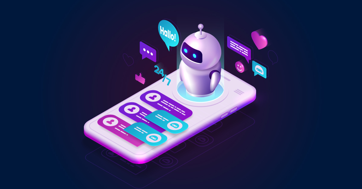 Illustratie van een chatbot op een smartphonescherm van Saldesign, met tekstballonnen en sociale-mediapictogrammen die rondzweven, wat interactie en berichten aangeeft.