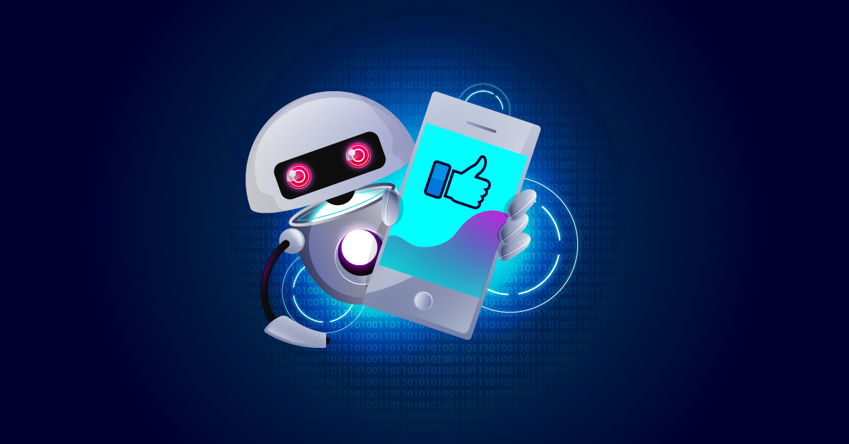 Een robot die een telefoon vasthoudt met een blauw licht erop.