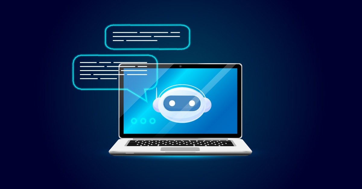 Afbeelding van een chatbotinterface op een laptopscherm met gespreksballonnen die een geautomatiseerd berichtensysteem aangeven.