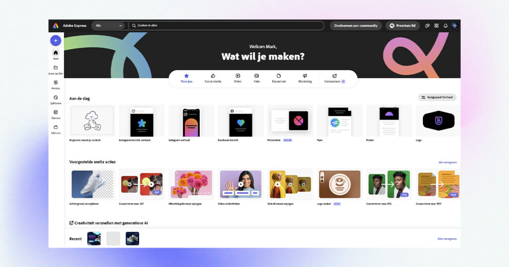 Screenshot van een software-interface in het Nederlands, met verschillende ontwerptools en sjablonen voor contentcreatie, waaronder posts op sociale media, flyers, posters, logo's en visitekaartjes onder een navigatiebalk.