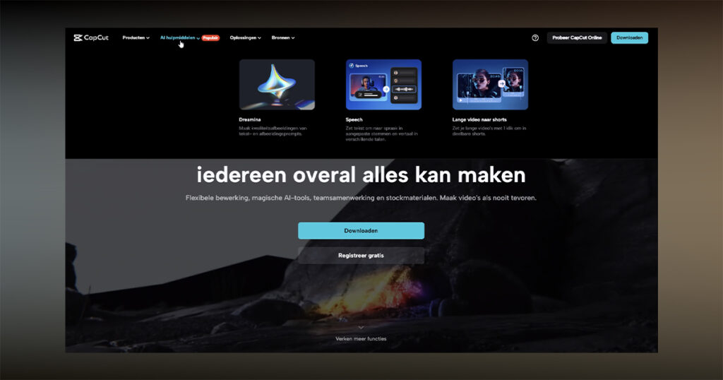 Schermafbeelding van de landingspagina voor ClipDrop, waarop de AI-gestuurde functies zoals DreamSnap en Speech worden getoond, samen met tools om afbeeldingen te vergroten en te corrigeren. Koptekstlinks en een knop "Downloaden" zijn bovenaan zichtbaar. Tekst in het Nederlands.