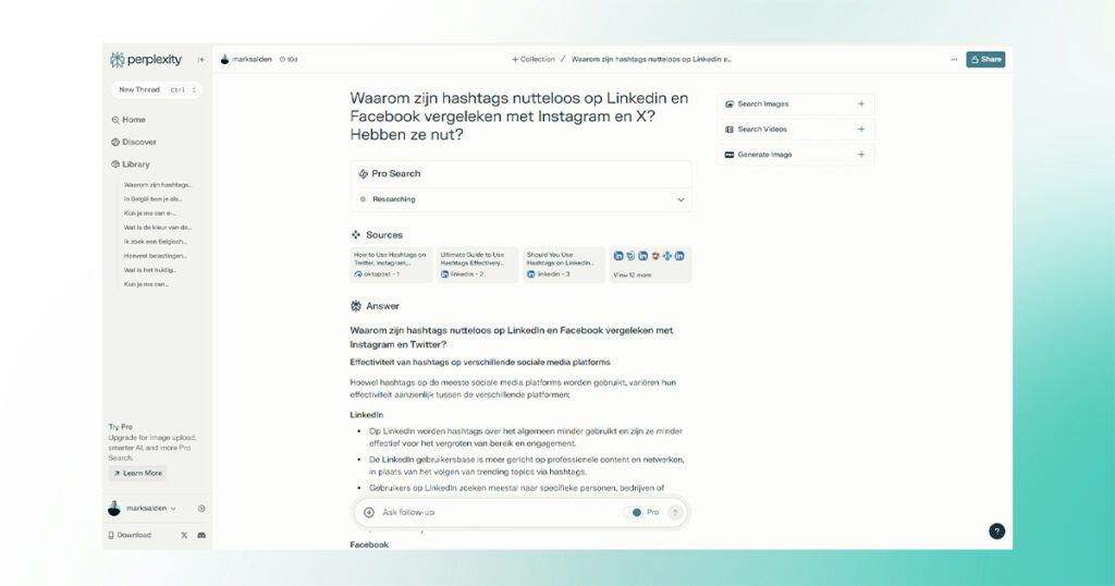 Screenshot van een webpagina die de vraag beantwoordt: "Waarom zijn hashtags nutteloos op LinkedIn en Facebook vergeleken met Instagram en X? Hebben ze nut?" in een onderzoeksinterface op Paperpile, waarin inzichten worden getoond die worden mogelijk gemaakt door AI-tools zoals Chat GPT.