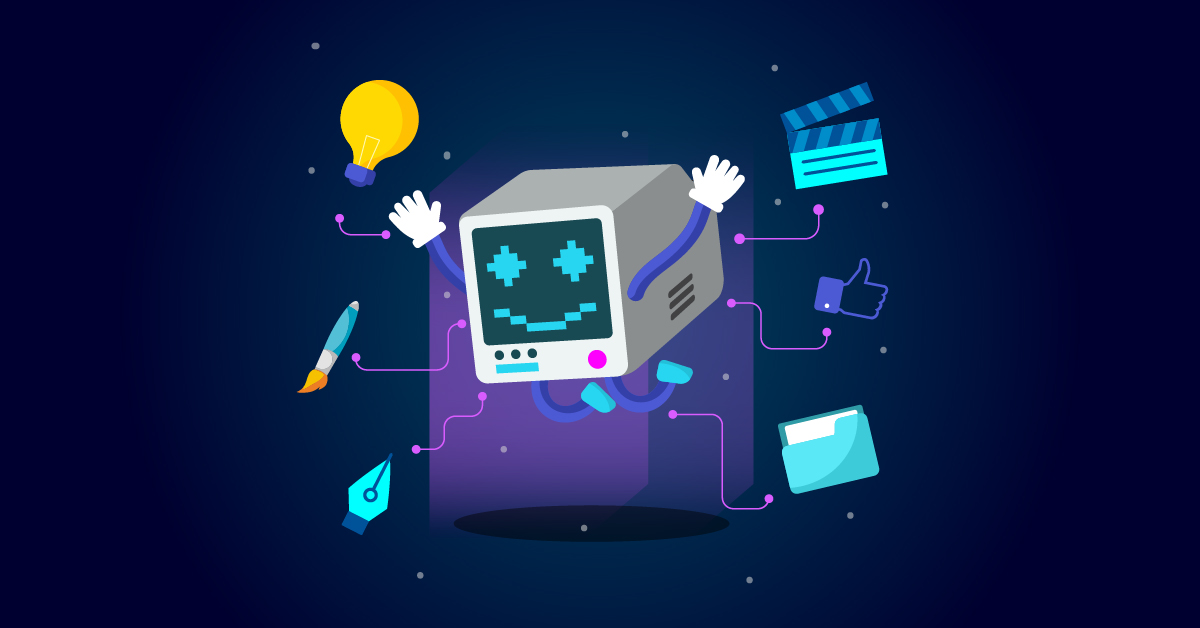 Illustratie van een computer met een lachend gezicht dat in de ruimte zweeft, omgeven door iconen van een gloeilamp, notitieblok, pen, duim omhoog, map, filmklapper en pen, verbonden door lijnen.