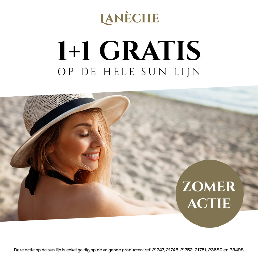 Promotie voor Lanèche sun line met een '1+1 Gratis' aanbieding. Afbeelding toont een lachende vrouw met een hoed op een strand met "Summer Promotion" gemarkeerd. Perfect voor hoog converterende social media afbeeldingen. Algemene voorwaarden zijn van toepassing, vermeld onderaan.