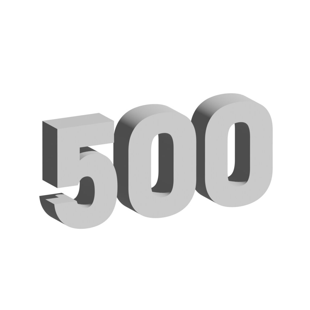 Een 3D-weergave van het getal 500 in de kleur grijs met een schaduweffect, gemaakt met behulp van de Stable Diffusion-technologie.