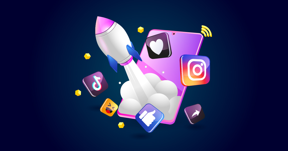 Illustratie van iconen van sociale media-apps, zoals TikTok, Instagram en Facebook, met een raket die wordt gelanceerd vanaf een smartphonescherm, wat de snelle groei of digitale betrokkenheid symboliseert die kan voortvloeien uit een succesvolle sociale-mediastrategie.