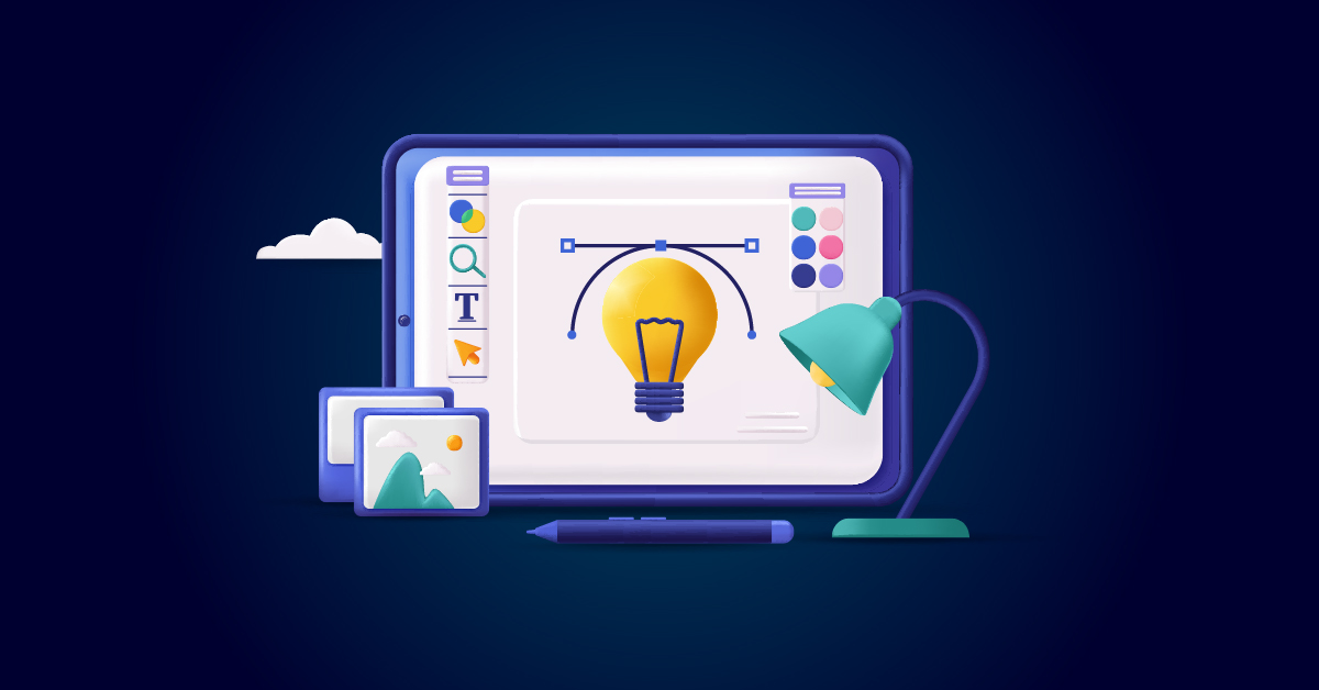 Illustratie van digitale ontwerptools op een tabletscherm, met een gloeilamp-afbeelding. Extra schermen en een bureaulamp zijn in de buurt geplaatst, tegen een donkerblauwe achtergrond. Deze opstelling belichaamt de principes van grafische vormgeving voor het creëren van opvallende beelden.