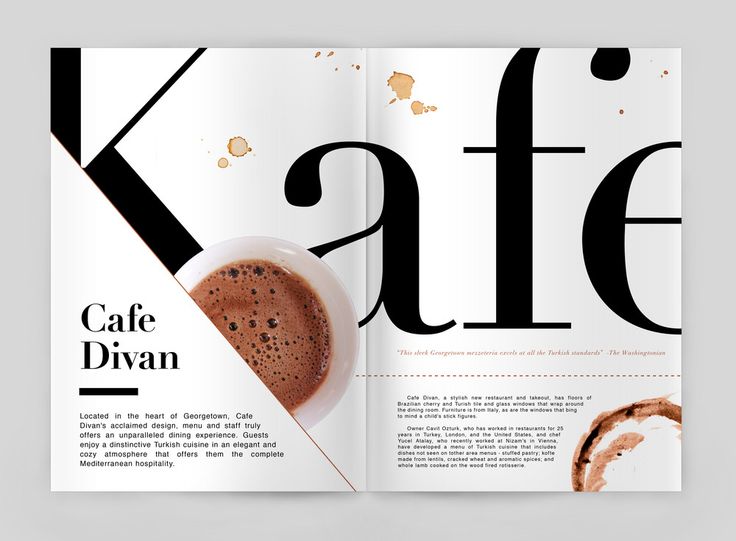 Magazine spread met de titel "Cafe Divan" met een afbeelding van een koffiekopje en tekst over de unieke aanbiedingen van het café, waaronder de Turkse keuken en ambiance. Koffievlekken voegen een rustieke toets toe, en tonen de principes van grafisch ontwerp door kunstzinnige imperfecties te mengen in goed grafisch ontwerp.