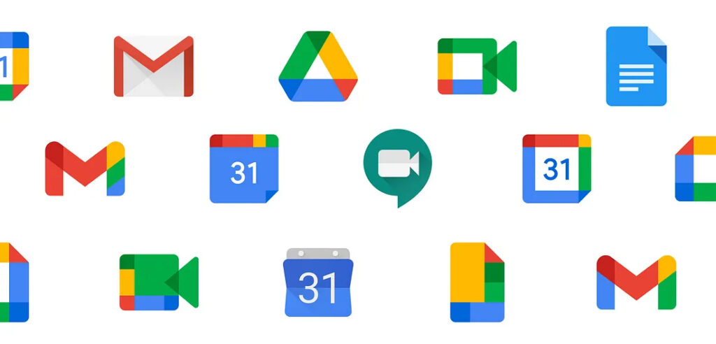 Een verzameling Google-app-pictogrammen, waaronder Gmail, Google Drive, Google Meet, Google Agenda en Google Docs, in verschillende opstellingen op een witte achtergrond, toont de principes van grafische vormgeving voor een mooi ontwerp.