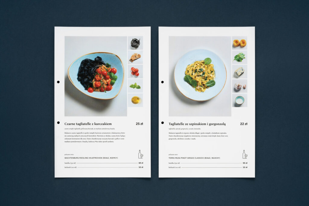 Twee pagina's van een restaurantmenu met pastagerechten, die een goede grafische vormgeving laten zien. Links geniet u van zwarte tagliatelle met tomaten. Rechts geniet u van tagliatelle met spinazie en kip.