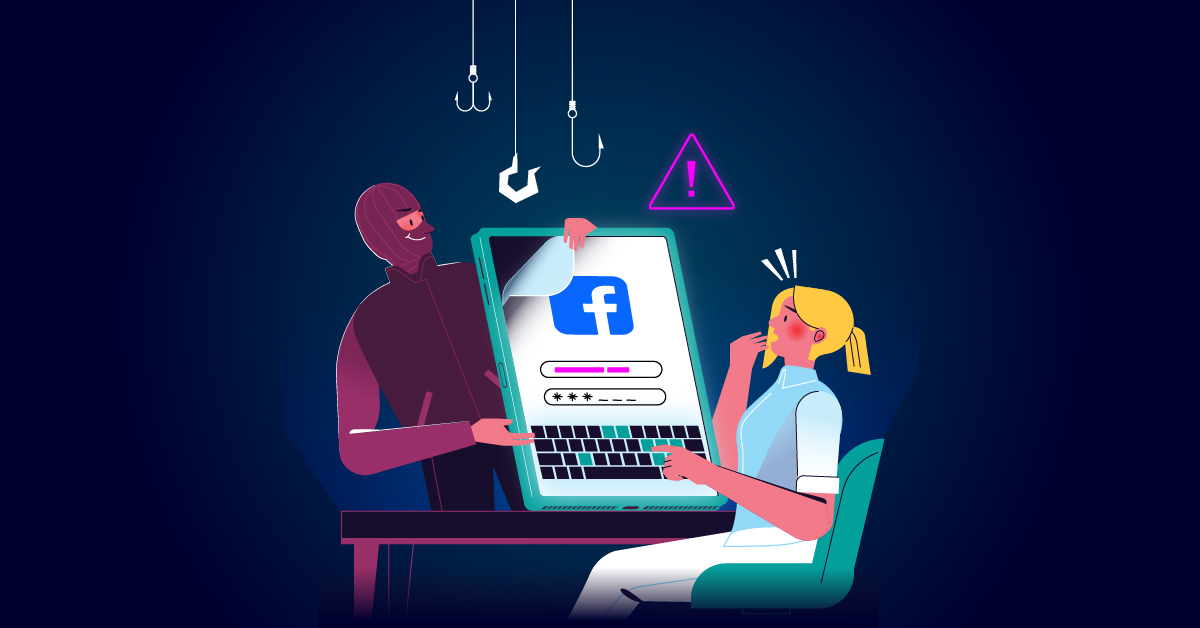 Illustratie van een persoon in een donkere hoodie die een laptopscherm optilt waarop een inlogpagina met het Facebook-logo wordt weergegeven, terwijl een bezorgde persoon in lichte kleding achter een bureau zit en Facebook-gehackt en onlinefraude benadrukt.