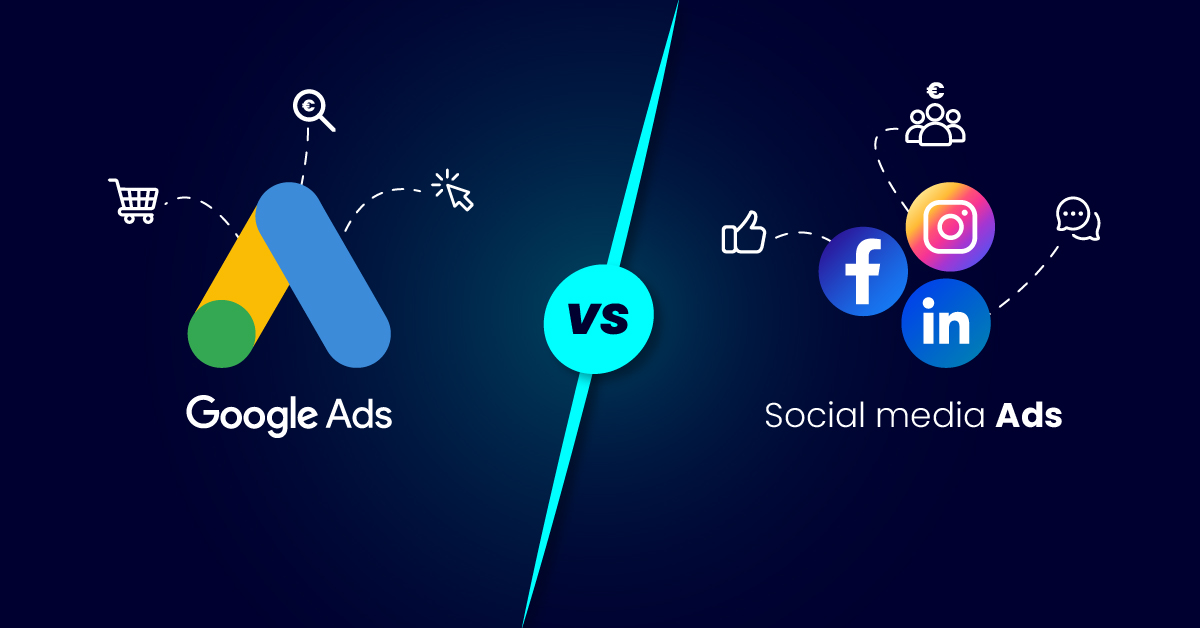Een afbeelding waarin Google Ads aan de linkerkant wordt vergeleken met advertenties op sociale media, met logo's voor Facebook-advertenties, Instagram-advertenties en LinkedIn aan de rechterkant, gescheiden door een 'VS' in het midden.