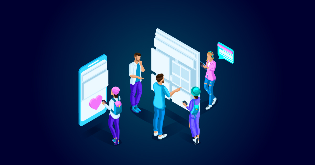 Illustratie van zes mensen die interacteren met oversized digitale apparaten, waaronder een smartphone, tablet en computerscherm, tegen een donkere achtergrond. Deze levendige scène toont strategieën om websitebezoekers betrokken te houden en langer op uw site te blijven.