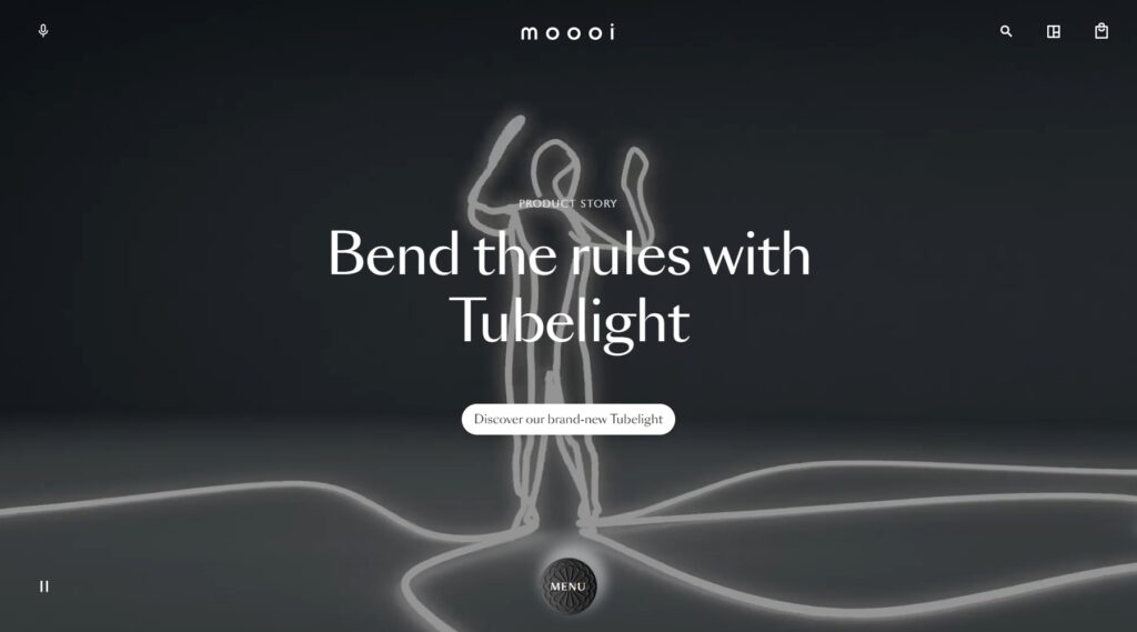 Afbeelding van een promotiebericht voor "Tubelight" van Moooi met een abstract lichtfiguur op de achtergrond. De tekst luidt: "Bend the rules with Tubelight. Ontdek onze gloednieuwe Tubelight en blijf langer op de website.