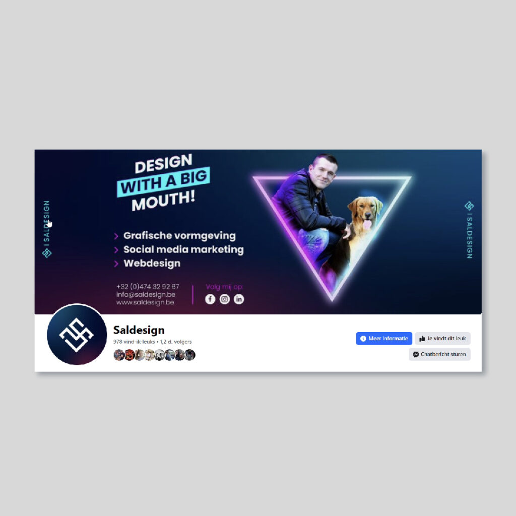 Facebook-omslagafbeelding voor Salesdesign, met daarop een man en een hond, een slogan met de tekst "Design met een grote mond!" en een presentatie van onze diensten: grafisch ontwerp, social media marketing en webdesign. Wij helpen u een professionele uitstraling te bereiken.