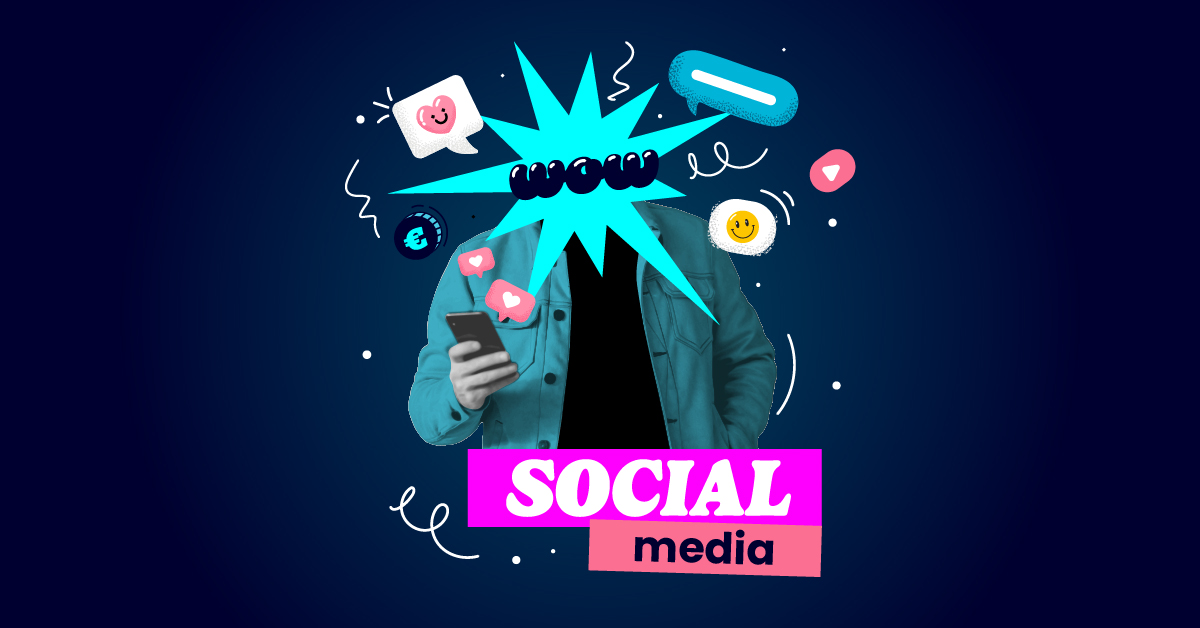 Een persoon in een blauwgroen jasje houdt een telefoon vast, omringd door social media-iconen met felle kleuren en tekstballonnen, tegen een donkere achtergrond. De tekst onderaan luidt: "SOCIALE media.