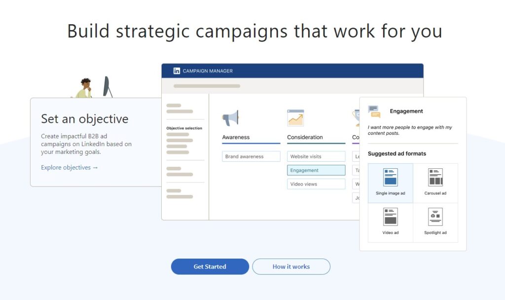 Screenshot van een webpagina met de titel 'Bouw strategische campagnes die voor u werken', met secties over het stellen van doelen en betrokkenheid, inclusief voorbeelden van voorgestelde advertentieformaten zoals advertenties met één afbeelding en carrouseladvertenties, perfect voor online adverteren op platforms zoals Instagram.