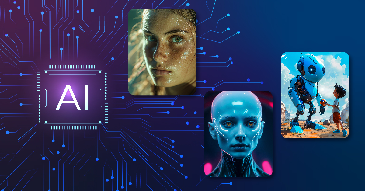 Een grafische illustratie met links een AI-chip met circuitlijnen die verbonden zijn met drie afbeeldingen: een vrouw, een humanoïde robot en een robot die hand in hand loopt met een kind. Hiermee wordt het potentieel van AI-hulpmiddelen in het dagelijks leven getoond.