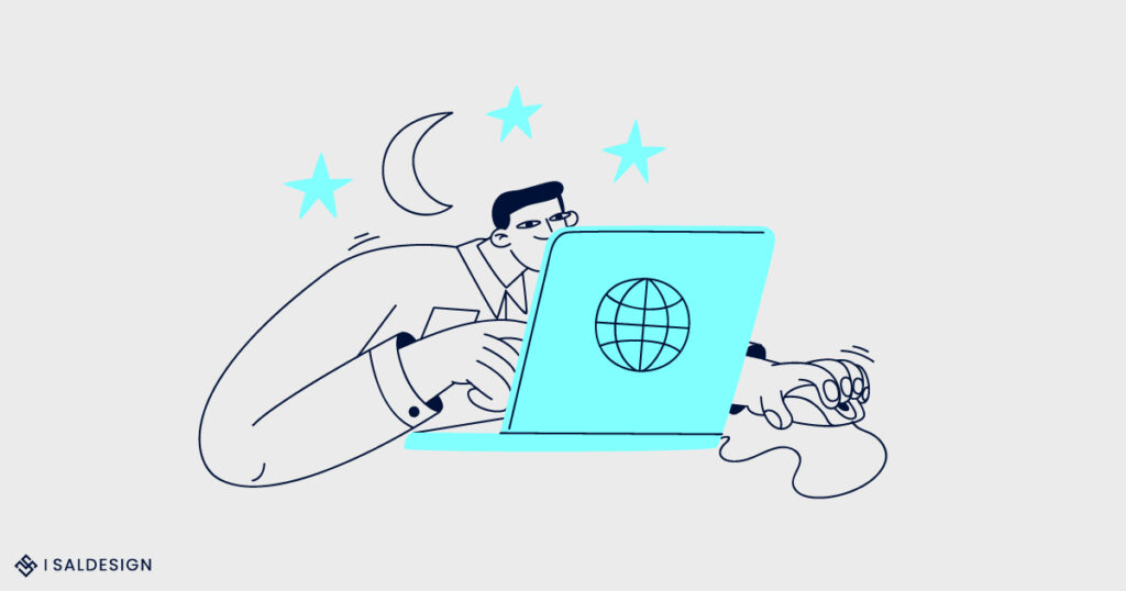 Illustratie van een persoon die tot laat in de avond achter een laptop werkt, met een omgevallen kopje koffie en een achtergrond van sterren en een halve maan.