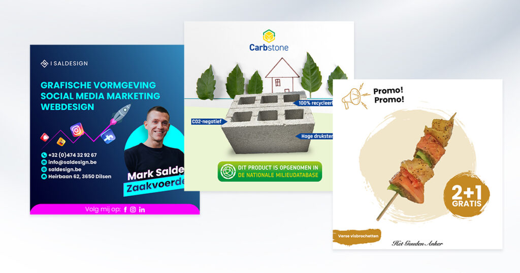 Drie verschillende advertenties tonen een grafische ontwerpservice, een milieuvriendelijk bouwproduct en een voedselpromotie die twee spiesen voor de prijs van één aanbiedt. Elke campagne is afgestemd op zijn doelgroep, of het nu Instagram-influencers, Facebook-families of Pinterest-doe-het-zelf-enthousiastelingen zijn.