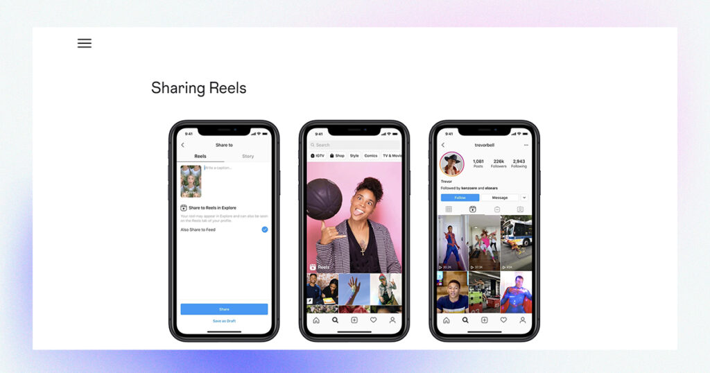 Drie smartphones tonen verschillende Instagram-interfaces voor het delen van Reels. De schermen tonen stappen om te delen, een voorbeeld Reel van een vrouw die lacht met een basketbal en een profiel dat gedeelde Reels benadrukt, wat de doelgroep TikTok aanspreekt met zijn boeiende en dynamische content.