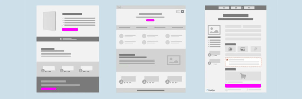 Drie wireframe-ontwerpen van webpagina's, elk met een andere lay-out en tijdelijke aanduidingen voor afbeeldingen, tekst en andere website-elementen, die ervoor zorgen dat bezoekers langer op de website blijven.