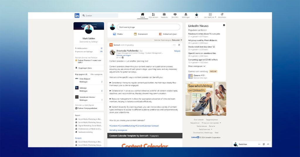 Screenshot van een LinkedIn-profiel met berichten, opmerkingen en zijbalkinhoud zoals nieuws en advertenties, waarin de betrokkenheidsstrategieën voor doelgerichte sociale media worden benadrukt.